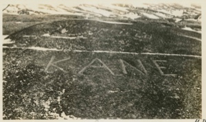 Image of Kane carved on rock by MacMillan in honor of Dr. Kane